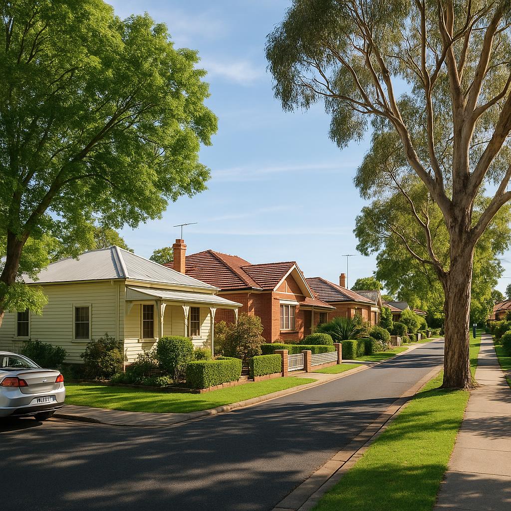 Photorealistic suburban streetscape in regional Victoria with tidy homes and mature trees