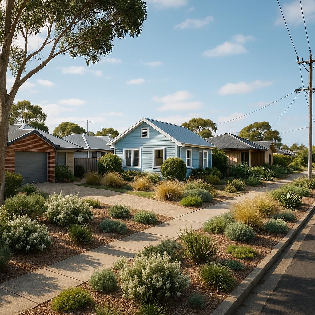 Ocean Grove coastal suburban streetscape with family homes and native landscaping