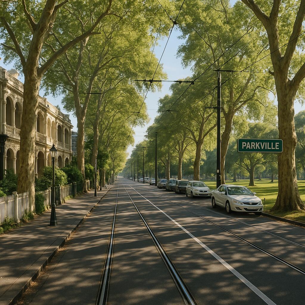 Parkville streetscape with heritage homes, trees, tram and parkland