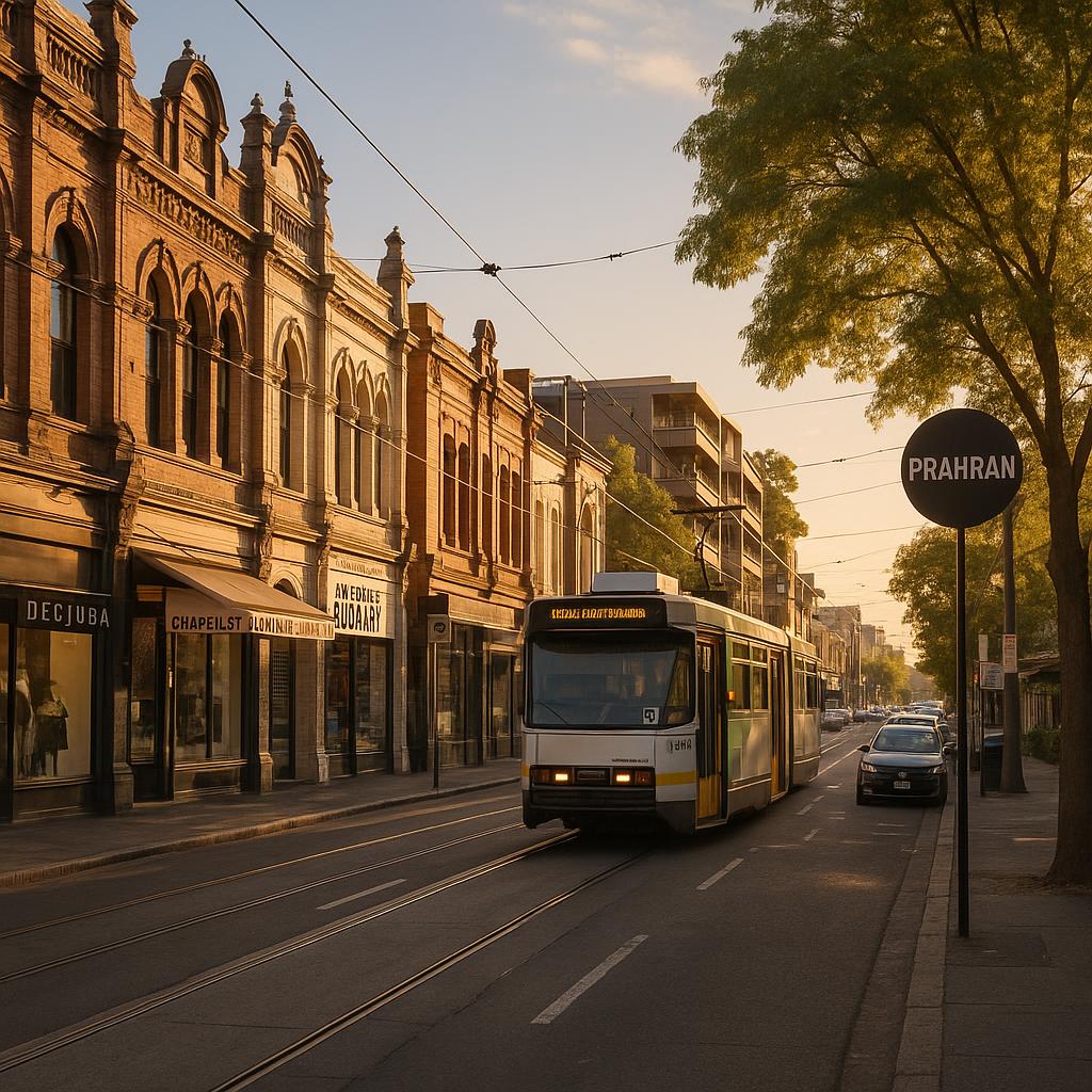 Prahran VIC streetscape with tram, retail strip, and apartments