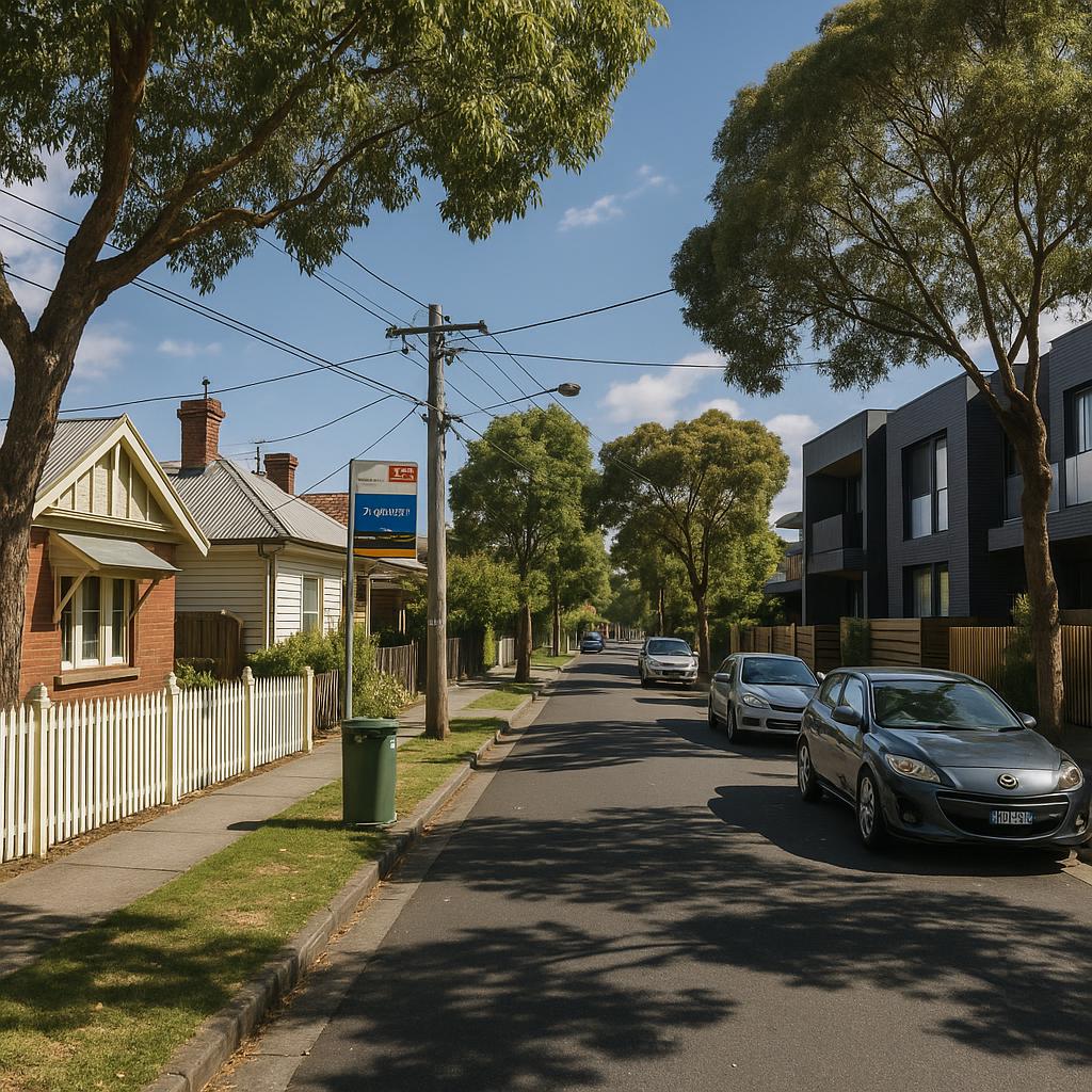 Preston VIC suburban street with mixed housing and leafy streetscape