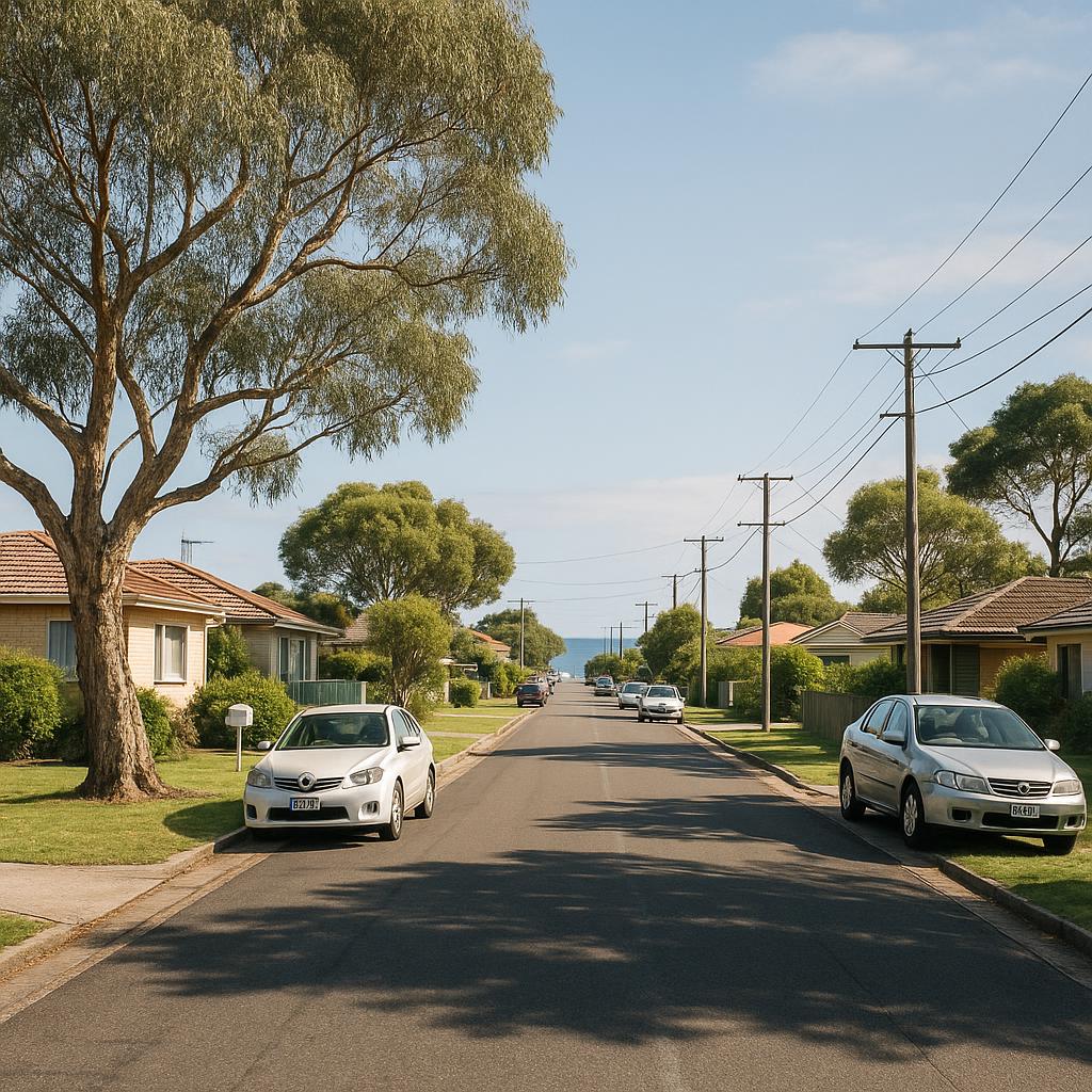 Rosebud VIC coastal residential street with homes and trees