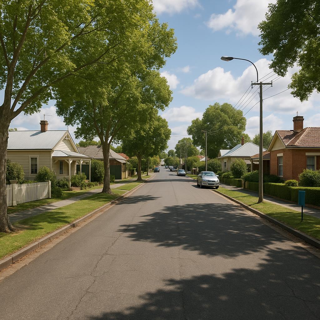 Regional Victorian town streetscape with tidy homes and leafy surroundings