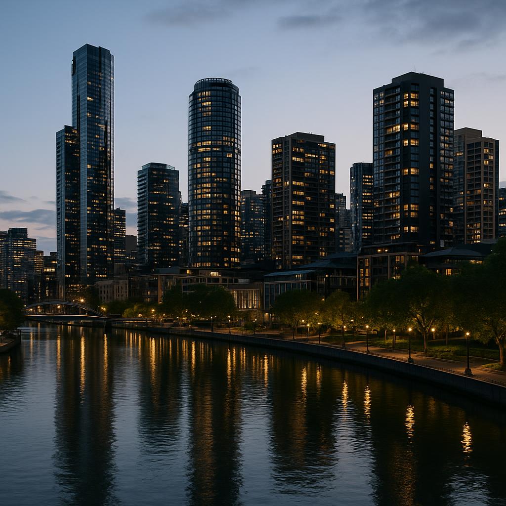 Southbank Melbourne apartment skyline near the river at dusk