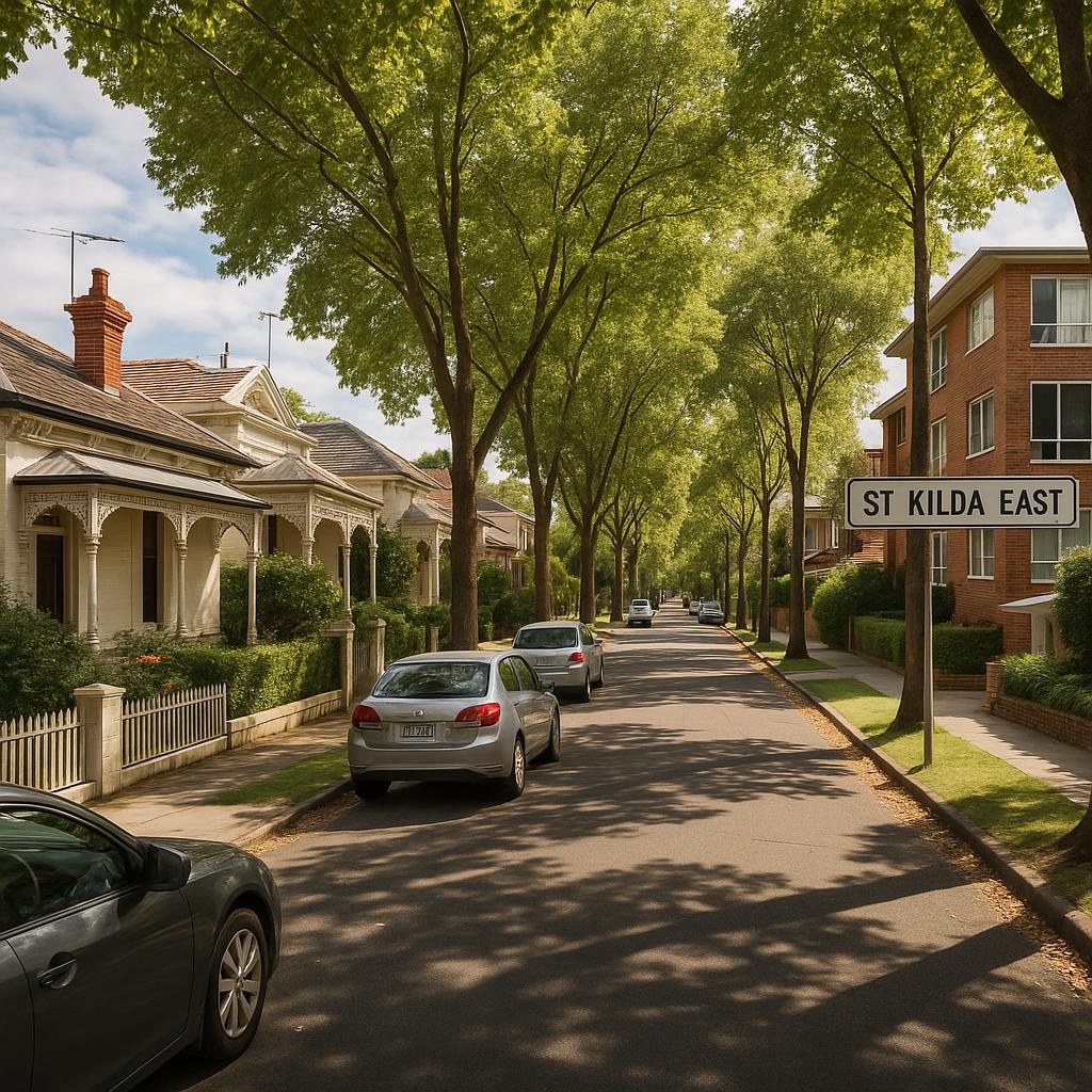 Leafy St Kilda East street with period homes and low-rise apartments