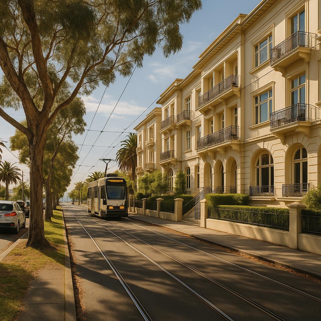 St Kilda streetscape with apartments, tram lines, and bayside atmosphere