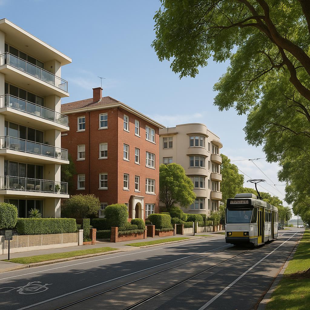 St Kilda West bayside street with apartments, trees, and tram access