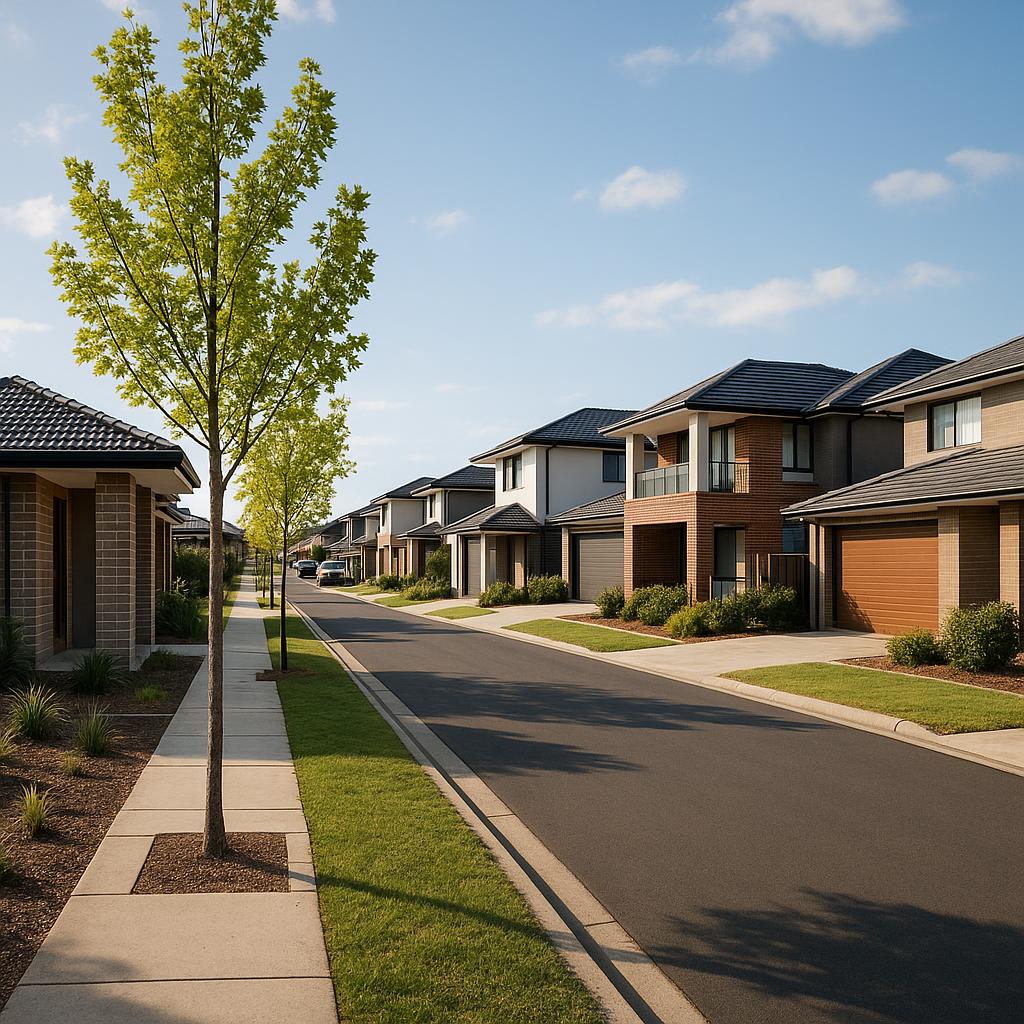 Modern Tarneit residential street with family homes and young trees