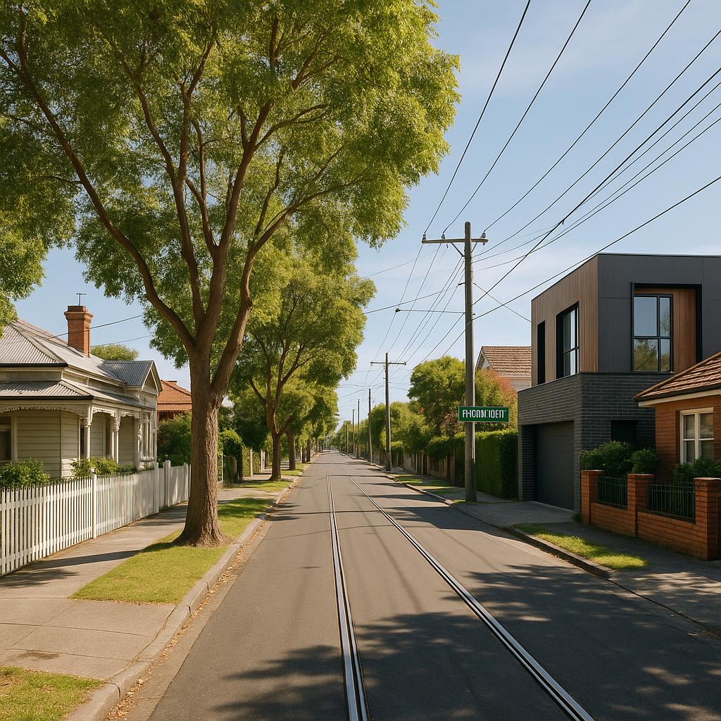 Thornbury streetscape with period homes, trees, tram lines, and a modern townhouse