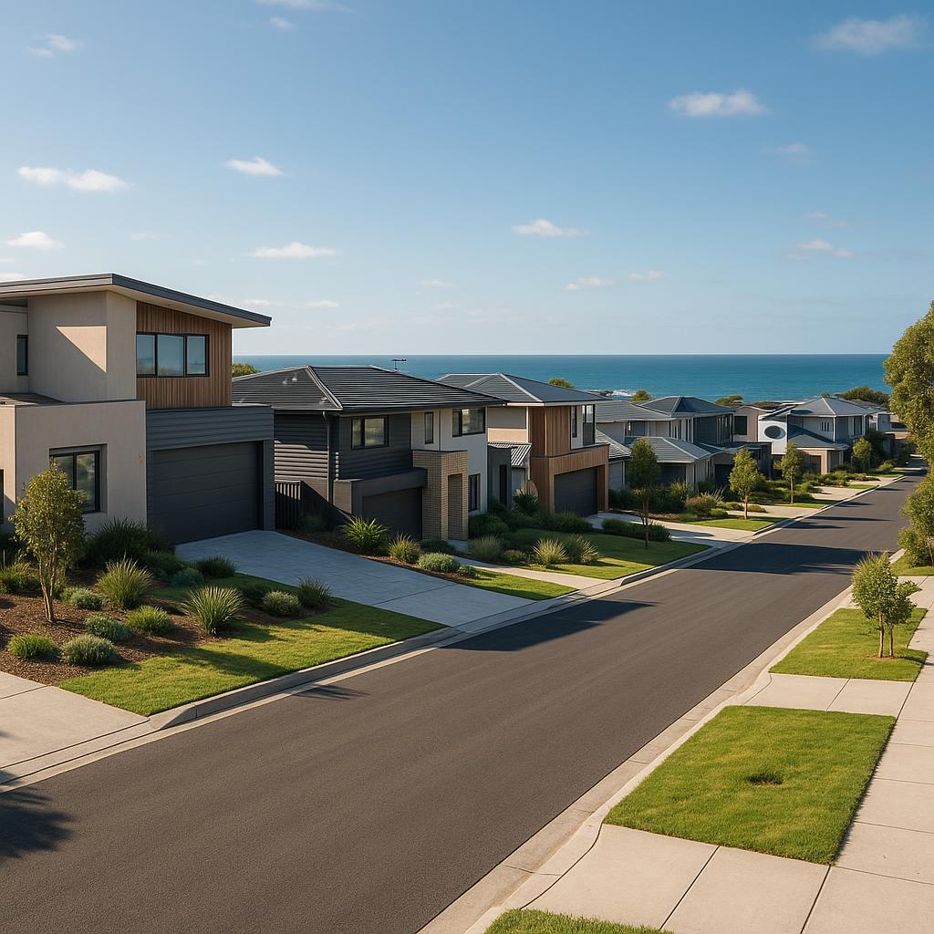 Torquay VIC coastal streetscape with modern homes near the beach