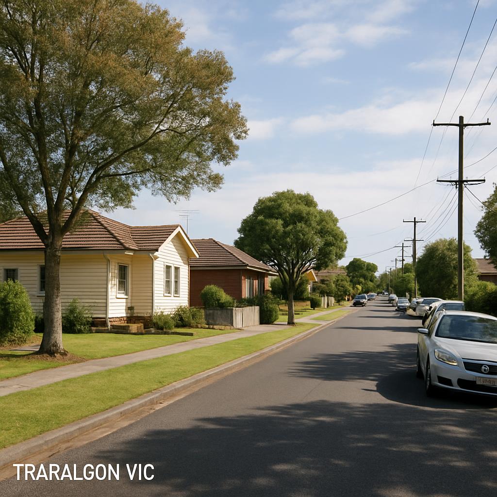 Traralgon VIC residential street with detached homes and trees