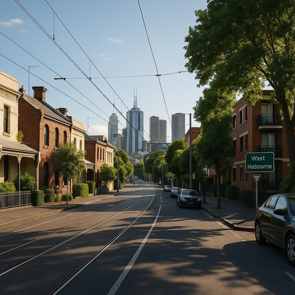 West Melbourne streetscape near the CBD with low-rise buildings and tram access