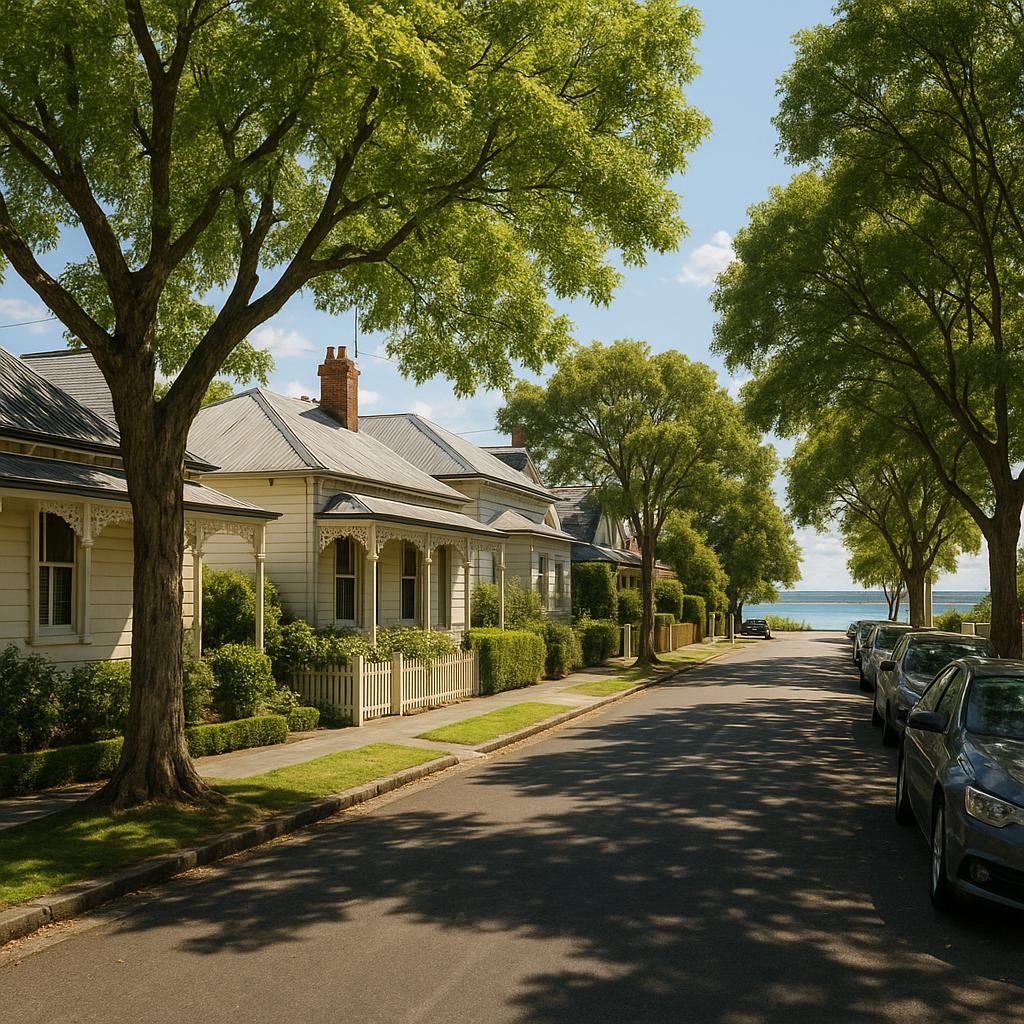 Williamstown bayside streetscape with heritage homes and water views