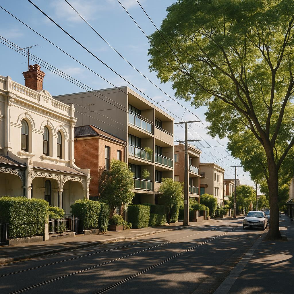 Windsor VIC streetscape with terraces, apartments and tram lines
